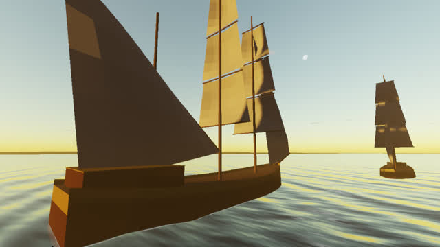 A galleon and a brig off the coast of Portugal as the sun goes down.
