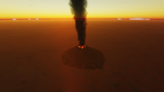 Smoke rising from a crater on a red desert plain, lava glowing in the vent.