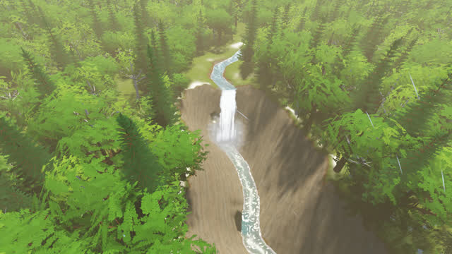 A river carves its way through pine forest and over a ledge.
