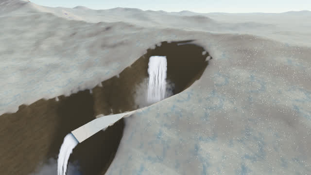 A river drops twice through a frozen gorge in the far north.